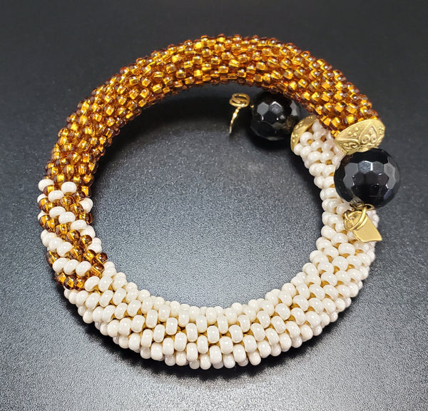 Black Onyx Beads, Cream Czech Seed Beads, Gold Topaz Czech Seed beads, Brass, Beaded Crochet Bangle