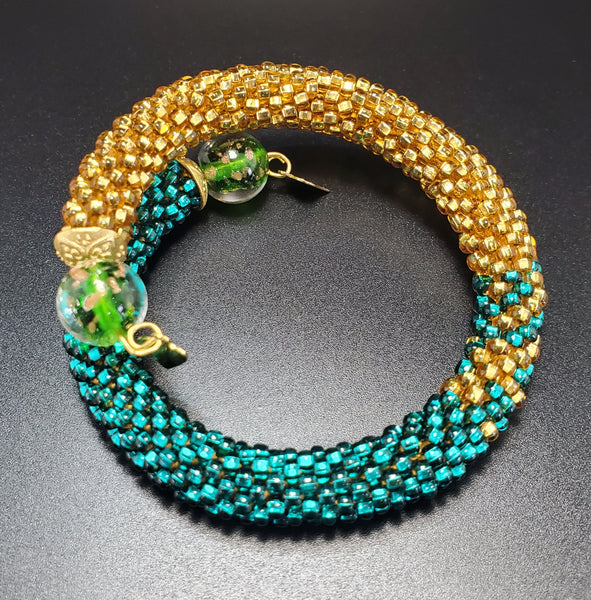 Green Lampwork Beads, Emerald, GoldTopaz Czech Seed Beads, Brass, Beaded Crochet Bangle