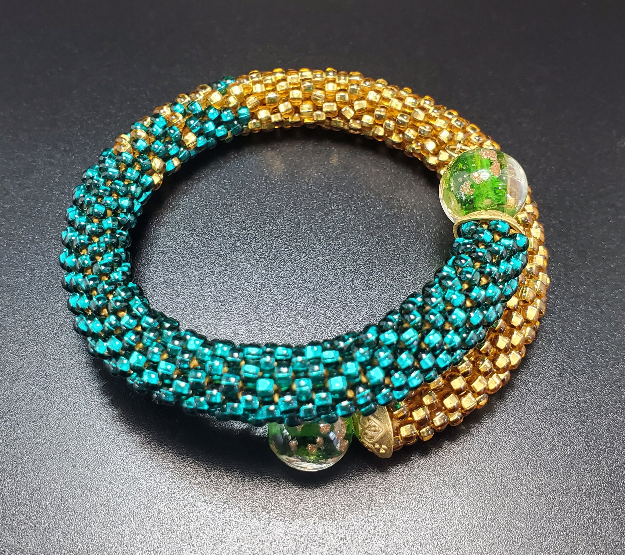 Green Lampwork Beads, Emerald, GoldTopaz Czech Seed Beads, Brass, Beaded Crochet Bangle