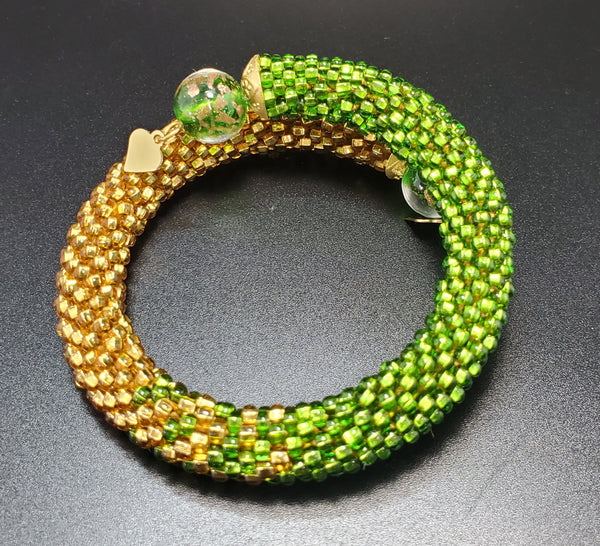 Green Lampwork Beads, Green, Gold Topaz Czech Seed Beads, Brass, Beaded Crochet Bangle