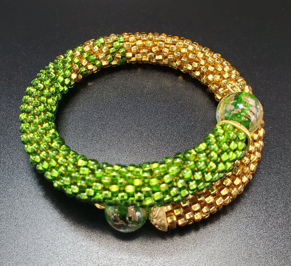 Green Lampwork Beads, Green, Gold Topaz Czech Seed Beads, Brass, Beaded Crochet Bangle