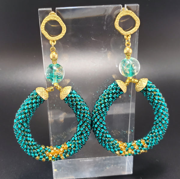 Emerald Gold Hoop Beaded Crochet Earrings