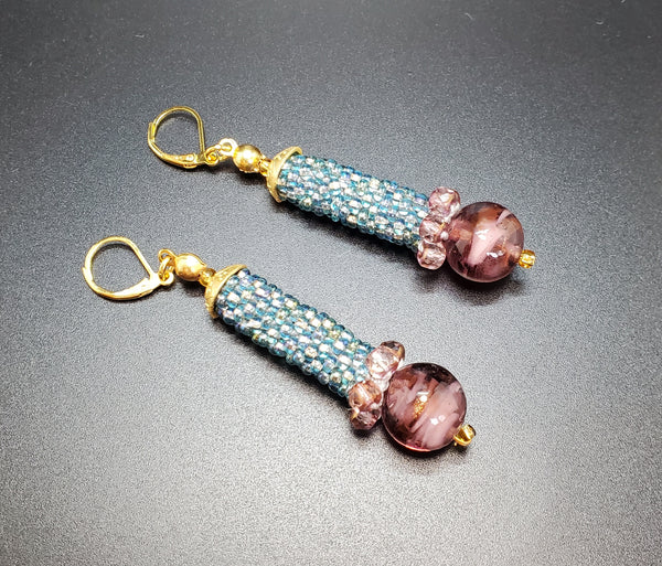 Purple Aqua Linear Beaded Crochet Earrings